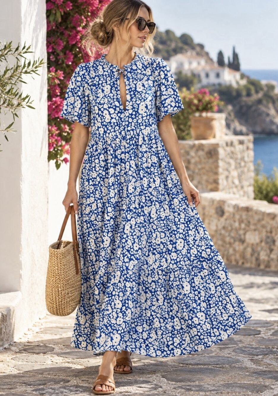 ZARA Blue White Floral Tiered Maxi Dress M Viscose Boho Resort 51"